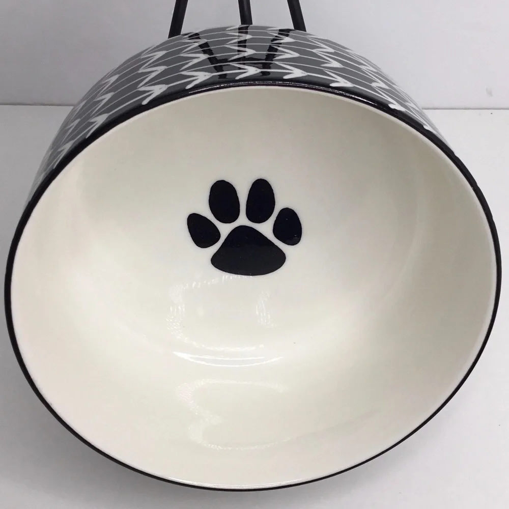 Signature Houseware WHITE ARROW Pet Bowl Cat Dog Water Food Ceramic Bla…